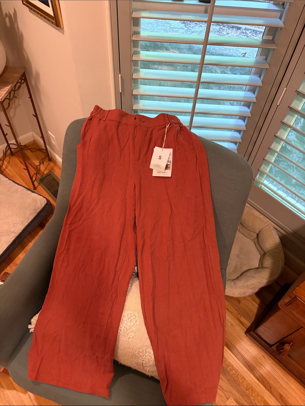 Women's Relaxed High-Waist Wide-Leg linen cotton blend Pants - Rust Red NWT